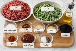 Ingredients of green bean beef stir fry recipe