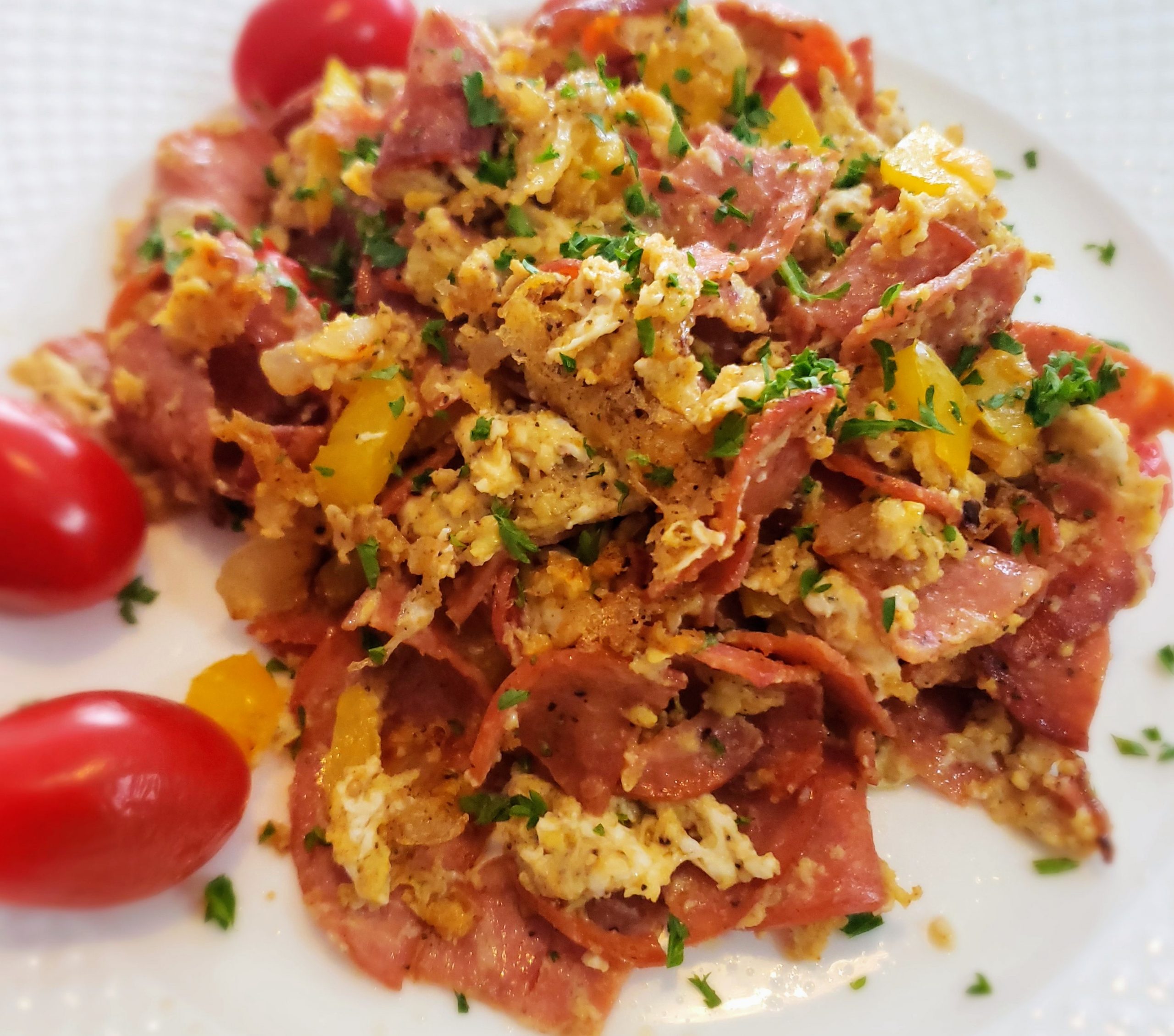 Breakfast-Pepperoni-Egg-Scramble-on-a-plate