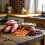 a-photograph-of-a-rustic-wooden-table-sweet-potatoes-egg-oatmeal-lentils-red-kidneybeans