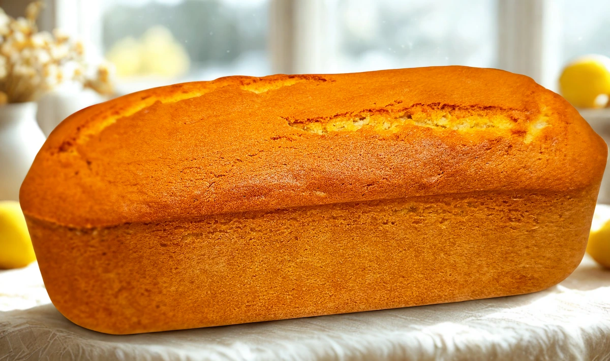 A-slice-of-golden-brown-classic-pound-cake-dusted-with-powdered-sugar,-showcasing-a-dense,-moist,-and-even-crumb-texture