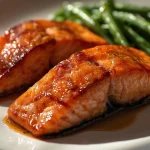 Two-golden-brown-salmon-fillets-with-a-glossy-honey-lemon-glaze,-garnished-with-fresh-lemon-slices-and-parsley-in-a-skillet.