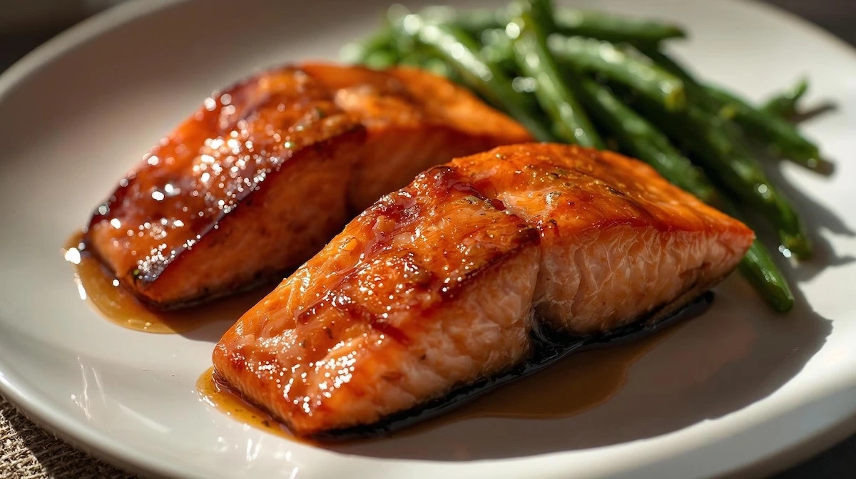 Two-golden-brown-salmon-fillets-with-a-glossy-honey-lemon-glaze,-garnished-with-fresh-lemon-slices-and-parsley-in-a-skillet.