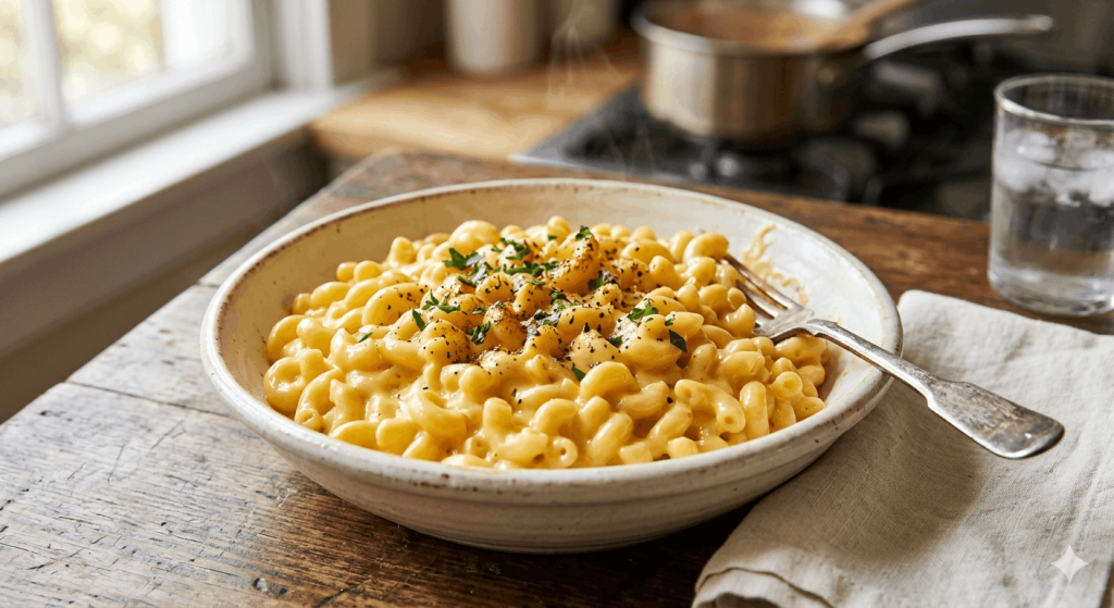 A-large-pot-of-creamy-stovetop-macaroni-and-cheese-with-a-glossy,-deep-orange-cheese-sauce-and-steam-rising-from-the-bowl.