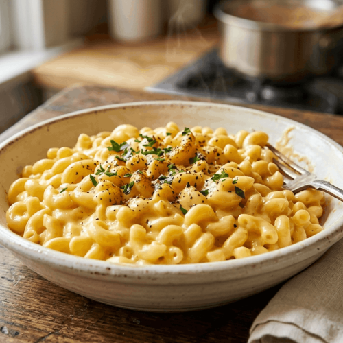 A-large-pot-of-creamy-stovetop-macaroni-and-cheese-with-a-glossy,-deep-orange-cheese-sauce-and-steam-rising-from-the-bowl.