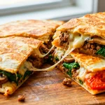 A-thick,-golden-brown-breakfast-quesadilla-filled-with-melted-cheese,-sautéed-mushrooms,-and-fresh-spinach