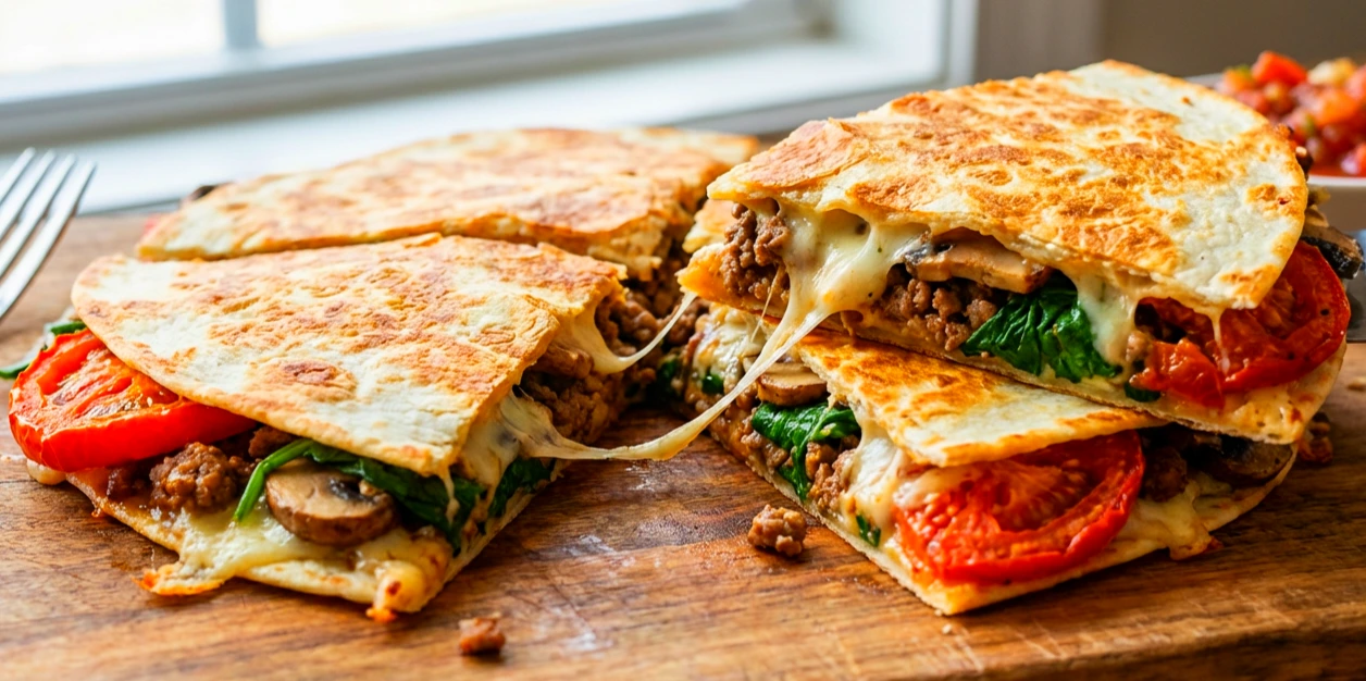 A-thick,-golden-brown-breakfast-quesadilla-filled-with-melted-cheese,-sautéed-mushrooms,-and-fresh-spinach