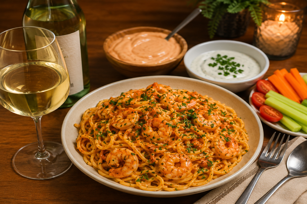 Serving Creamy Shrimp Pasta