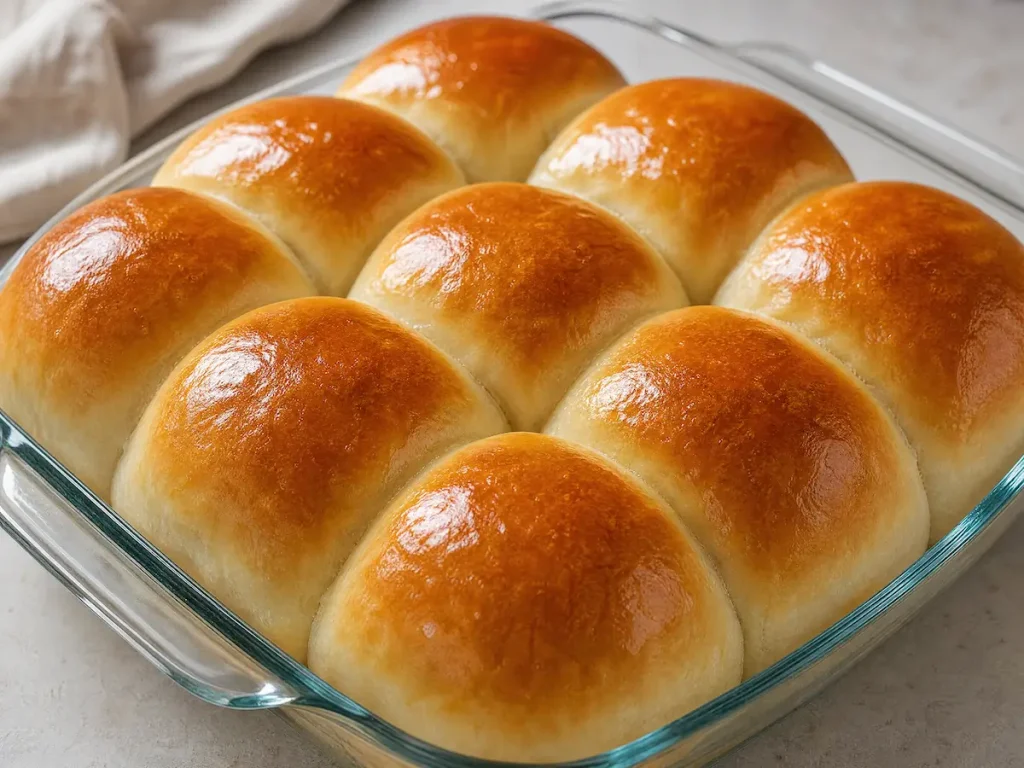 A-pan-of-golden-brown,-glossy-dinner-rolls-pulling-apart,-brushed-with-melted-butter-right-out-of-the-oven.