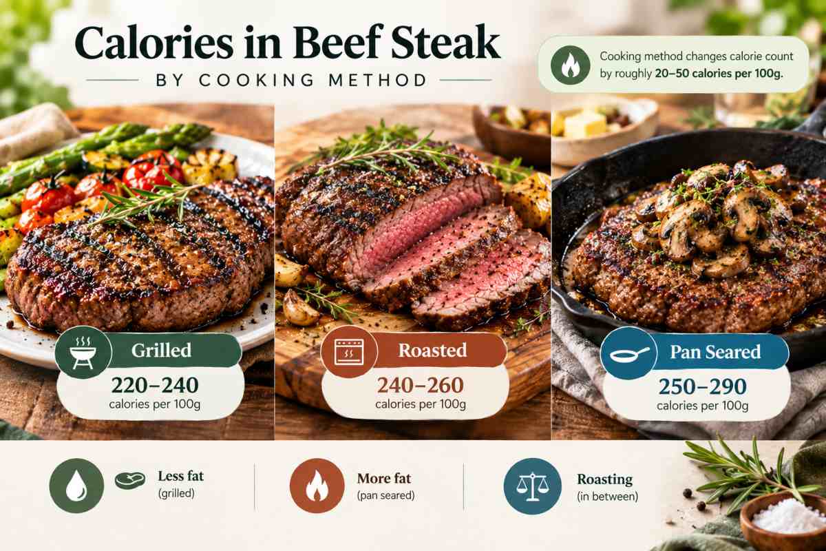 Calories in Beef Steak by Cooking Method