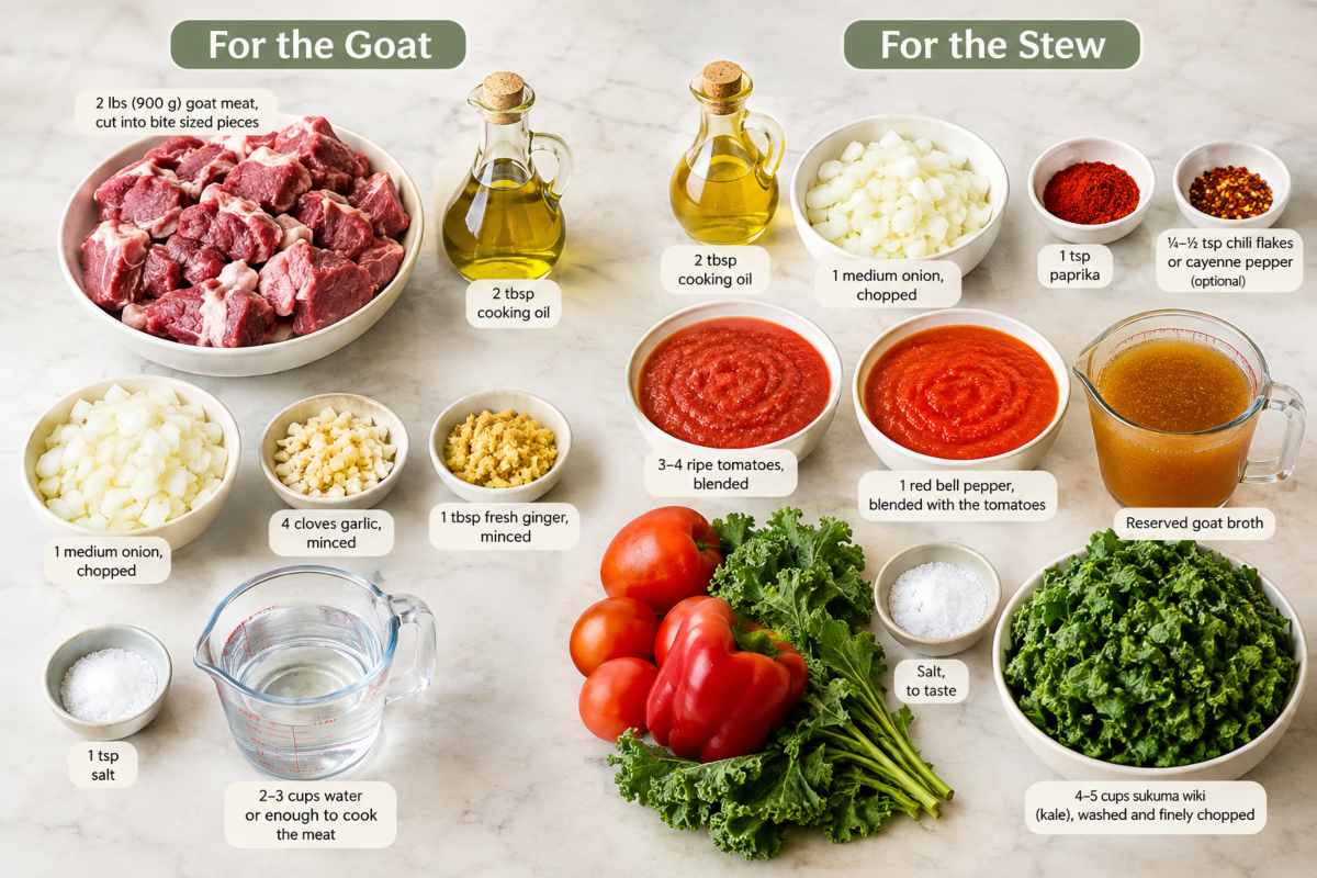 Ingredients for Goat Sukuma Wiki Vegetable Stew